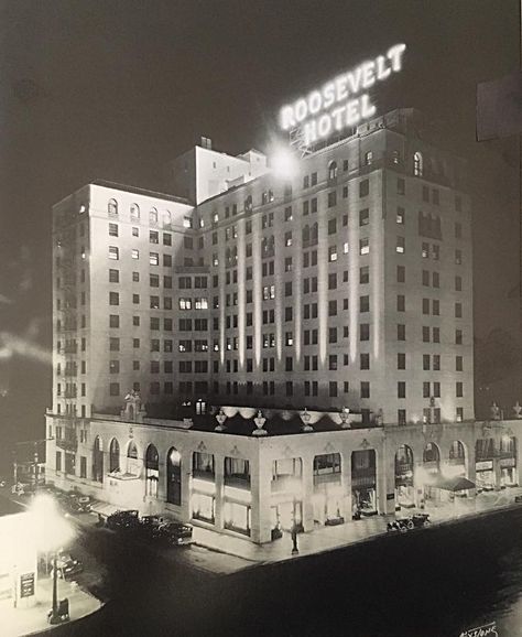 Roosevelt Hotel,(pic.1930)built in 1927, financed by Douglas Fairbanks,Louis B.Mayer,Mary Pickford-to house East Coast Filmmakers and Stars working in Hollywood.The first Academy Awards was held here in 1929. Louis B Mayer, Hotels In Los Angeles, Garden Of Allah, Haunted Hotels, Roosevelt Hotel, Douglas Fairbanks, Los Angeles Hotels, Chateau Marmont, Haunted Hotel