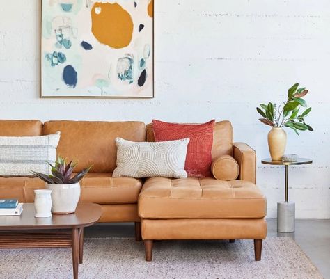 Mid Century Modern Living Room Sofas, Tan Sofa Living Room, Sven Sofa, Moving To New York, Orange Couch, Mid Century Modern Sectional, Boho Lounge, Modern Sofa Couch, Modern Sofa Living Room