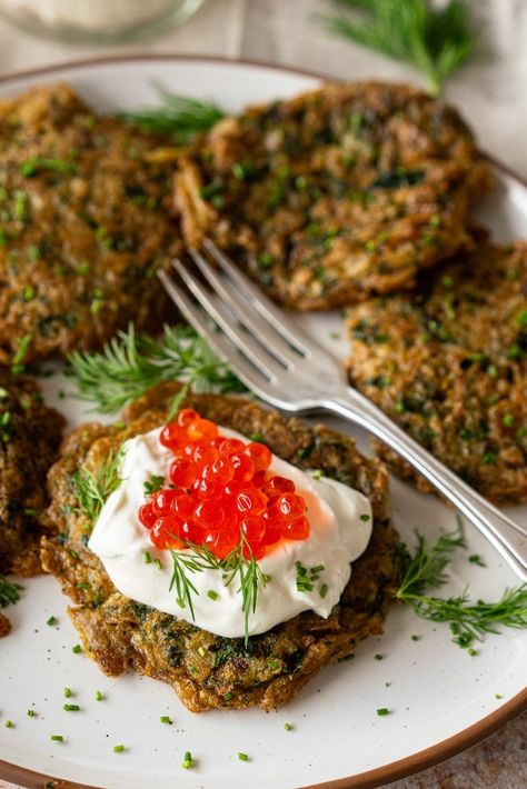 Herby Sauerkraut Pancakes — Anna Voloshyna Sauerkraut Pancakes, Pancake Warmer, Pancake Bites, Salmon Roe, Weekday Dinner, Red Chili Flakes, Eastern European, Fresh Herbs, Sour Cream