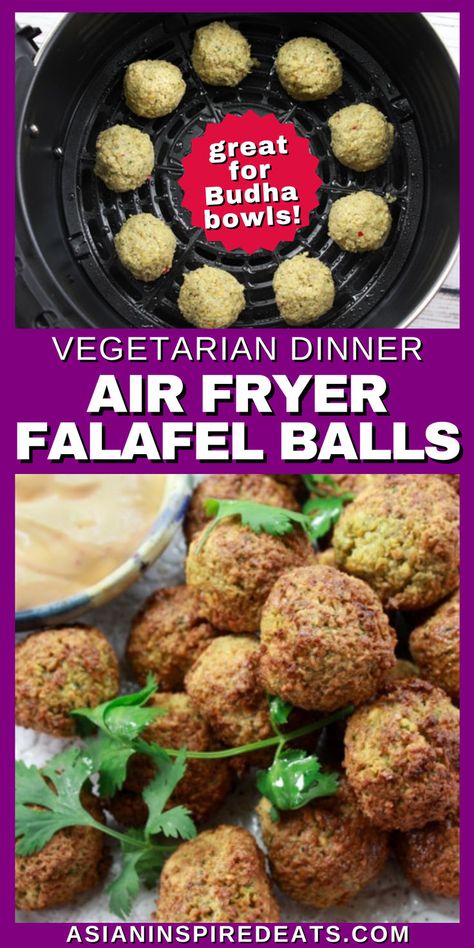 closeup of a pile of golden-brown balls next to dipping sauce Vegetarian Air Fryer, Air Fryer Falafel, Falafel Balls, Dinner Party Appetizers, Bowl Meals, Spicy Aioli, Vegetarian Nutrition, Bean Flour, Dry Chickpeas