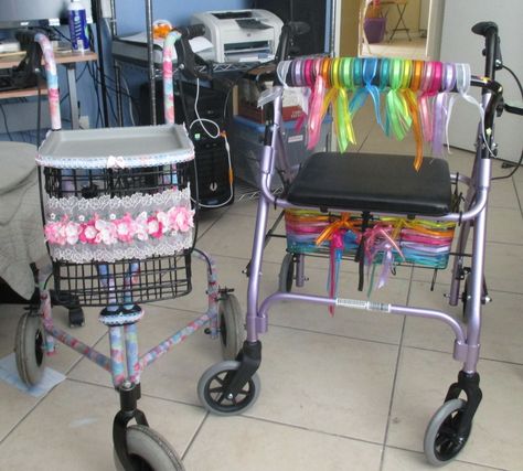 Walkers come in many different colours and styles... but if you want to pretty them up, ribbon and silk flowers goes a long way to girlifying them. Mobility Aid Decoration, Rollator Decorations, Walker Decorations, Walker Decorations Decorating Ideas, Nursing Home Decorating Ideas, Assisted Living Decor, Basketball Senior Night Gifts, Walker For Seniors, Nursing Home Activities