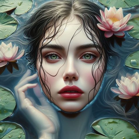 Face In Water Painting, Face In Water, Oil Painting Realistic, Oil Painting Romantic, Painting Romantic, Painting Realistic, Girl Face Tattoo, Colored Pencil Portrait, Sculpture Art Clay