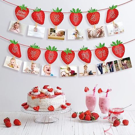 12 Month Photo Display, Fruit Party Decorations, Berry 1st Birthday, Baby First Birthday Themes, Monthly Photo Banner, Birthday Photo Banner, First Birthday Party Decorations, 1st Birthday Party Themes, Strawberry Party