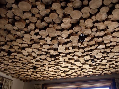 Boho Accent Wall, Floating Ceiling, Wood Slice Decor, Wood Stumps, Man Cave Room, Timber Ceiling, Wood Ceilings, Pink Houses, House Interior Decor