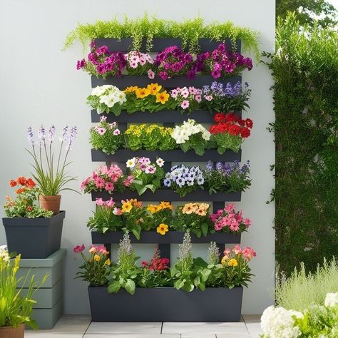 Stacked Planters, Vertical Flower Garden, Home Gardening Ideas, Cottage Patio, Condo Balcony, Wall Design Ideas, Small Yards, Front Yard Garden Design, Home Gardening