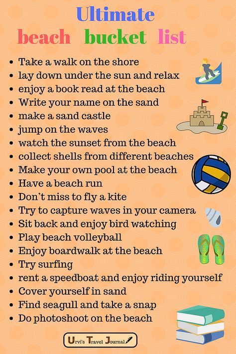 Tumblr Bucket List, Beach Vacation Bucket List, Beach To Do List, Beach Bucket List Ideas, Beach Activity Ideas, Beach Day Games, Fun Things To Do At The Beach, Fun Beach Ideas, Summer Vacation Bucket List