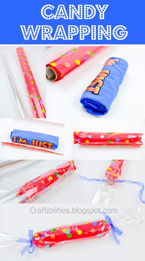 Wrap a t-shirt to look like a giant piece of candy. The kids will love this! How To Gift Wrap A Shirt Ideas, T Shirt Wrapping Ideas, Tshirt Gift Wrapping Ideas, Cute Gift Wrapping Ideas, Candy Wrapping, Pretty Gift Wrapping Ideas, Wrapping Inspiration, Candy Birthday, 4 Friends