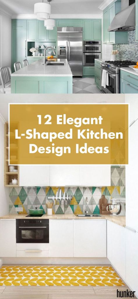 The perfect place to entertain guests can sometimes be the open, L-shaped kitchen! These elegant kitchen floor plans will inspire your next redesign or remodel and show you how to leverage small space to feel larger (and inspire the rest of your house)! L Shaped Kitchen Cabinets, Modern L Shaped Kitchens, Small Kitchen Makeover, L Shape Kitchen Design, Small U Shaped Kitchen, Functional Kitchen Design, Kitchen Floor Plan, Parisian Home Decor, Shaped Kitchen