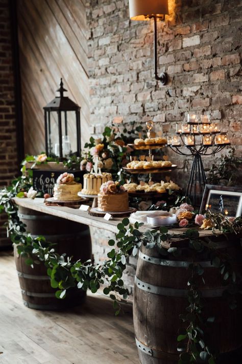 Bride And Groom Cake Table, Dessert Table Greenery, Dessert Table Flowers, Barn Wedding Cake, Snack Tables, Table Greenery, Rustic Dessert Table, 2026 Wedding, Winter Wedding Destinations