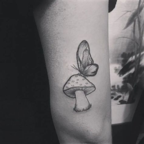 240+ Radiant Mushroom Tattoos Ideas and Designs (2023) - TattoosBoyGirl Mushroom With Butterfly Tattoo, Matching Mushroom Tattoo Ideas, Dragonfly Mushroom Tattoo, Mushroom Friend Tattoos, Mashrom Tattoo, Cute Mushroom Tattoo Simple, Mushroom And Fairy Tattoo, Mushroom And Butterfly Tattoo, Mushroom Tattoo Design Simple