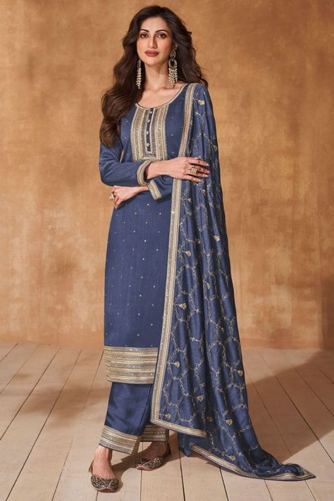 Slate Blue Embroidered Silk Readymade Trouser Kameez Blue Indian Suit, Silk Pant Suit, Indian Suit, Readymade Salwar Kameez, Desi Clothes, Indian Wedding Wear, Silk Bottoms, Salwar Kameez Designs, Stunning Outfits