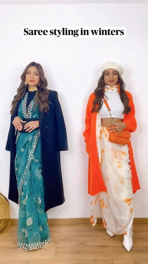 Saree styling in winters #sareestyleideas #sareeinwinters #sareestyle #howtowearsareeinwinter in 2022 | Stylish dresses for girls, Stylish fall outfits, Fancy dress design Saree In Winter Indian Fashion, How To Style Indian Outfits, Winter Fashion Indian Wear, Winter Afternoon Outfit, How To Style Saree In Winter Wedding, Saree Draping Styles In Winter, Saree Style For Winter, Winter Wedding Saree Look, Missmatching Outfits