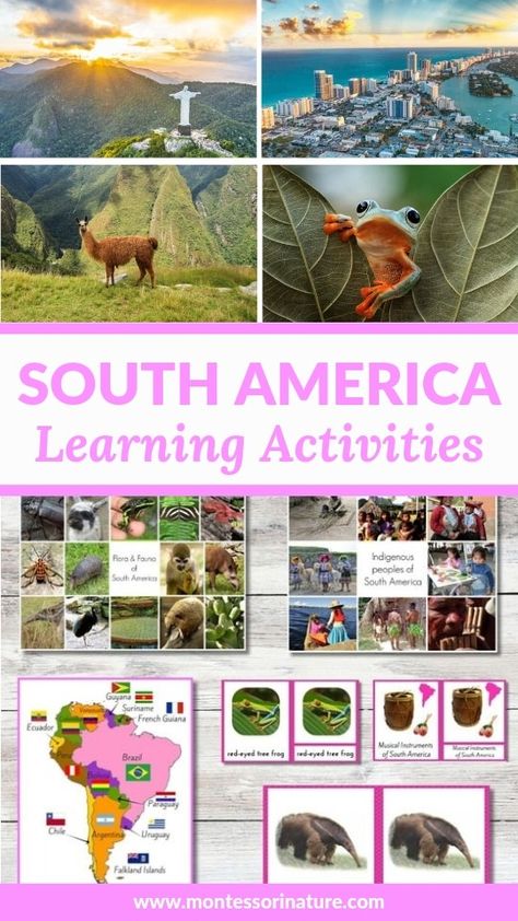 Exploring South America: Hands-On Learning Activities and Printables for Children - Montessori Nature Printables South America Crafts, Argentina Activities For Kids, South American Animals, South American Crafts, South America Preschool, Wonders Of The World Activities For Kids, Montessori South America Activities, North America Continent Activities, Montessori Continents Printables Free