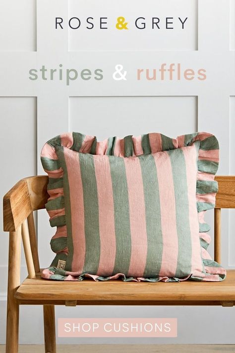 Rose & Grey. Stripes and ruffles. Image of striped cushion with ruffled edges in sage and blush, placed on a bench. Shop cushions. Sage Blush, Cherry Candy, Statement Lighting, Decorative Accessories, Home Accessories, Blush, Cushions, Tableware, Grey