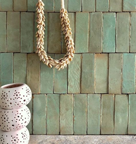 Laundry Tiles, Greenhouse Interiors, Zellige Tile, Moroccan Tiles, Tile Wall, Green Tile, Handmade Tiles, Back To Nature, Stone Mosaic