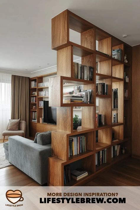 40+ Living Room Partitions Design Ideas (Stunning Inspiration!) Open Shelves As Room Divider, Open Book Case Room Divider, Wooden Dividers Living Rooms, Living Area Partition Design, Home Partition Ideas, Living Room Divider Ideas Wall Dividers, Kitchen Living Room Partition, Living Room Partitions, Kitchen Living Room Open Concept