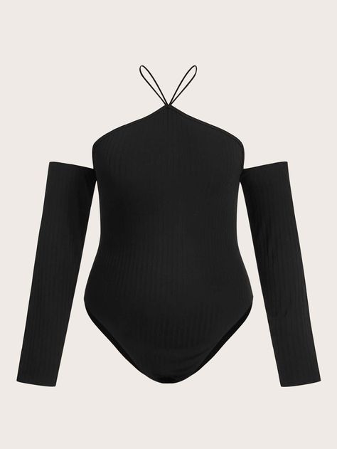 Cold Shoulder Bodysuit, Shein Icon, Plain Tees, Long Sleeve Knit, Autumn Summer, Summer Fall, Plus Clothing, Cold Shoulder, Knitted Fabric