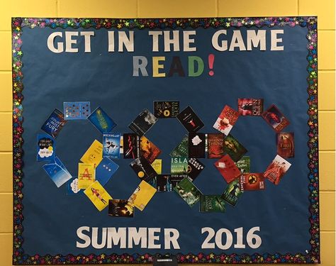 "Get in the Game  READ!"  Summer Reading Bulletin Board with Olympic rings Olympic Bulletin Board, Teen Library Displays, Sports Bulletin Boards, Reading Bulletin Board, School Library Bulletin Boards, School Library Displays, Teen Library, Library Bulletin Board, Olympic Theme