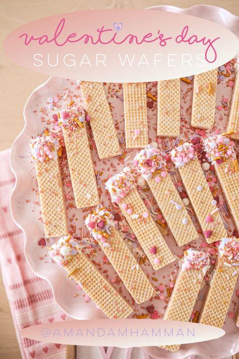 Sharing this simple recipe, perfect for Valentine's Day, which includes sugar wafer cookies, chocolate, and sprinkles! Festive + fun! #valentinesday #valentinesdaytreat Disneyland Birthday Party, Sugar Wafers, Disneyland Birthday, Dessert Cookies, Unicorn Birthday Party, Wafer Cookies, Birthday Candy, Apple Prints, Chocolate Sprinkles