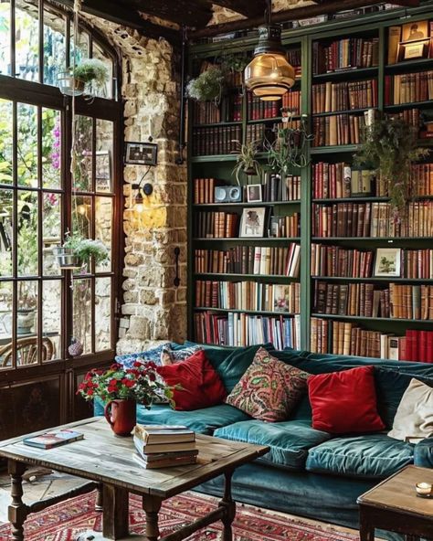 Coffee Shops With Books, Cafe Room Design, Cozy Coffee Shop Aesthetic Vintage, Beautiful Shop Interiors, Bookstore Cafe Flower Shop, Cool Cafe Design, Cottagecore Bookstore, Whimsical Bookstore, Cozy Book Cafe