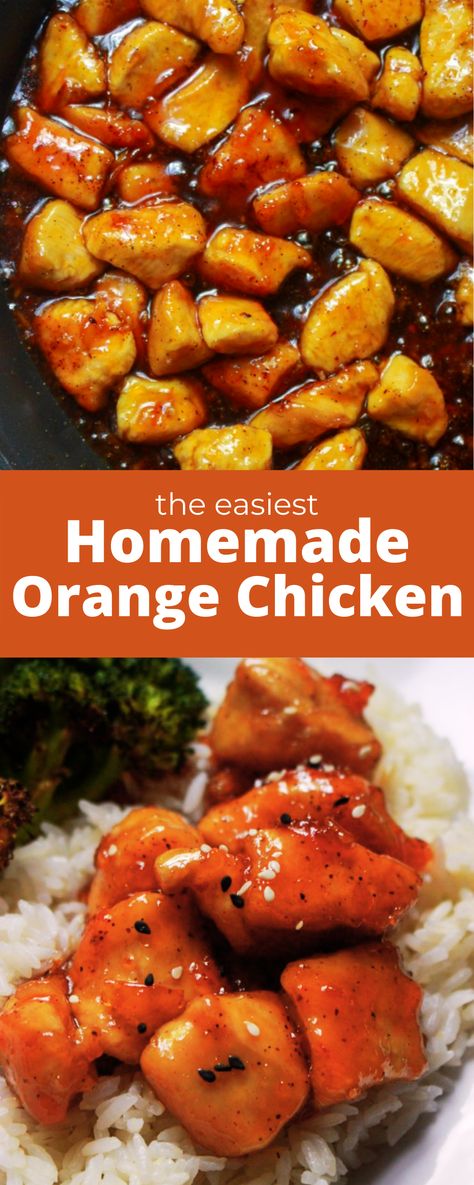 photos of orange chicken in skillet and orange chicken over rice with text "the easiest homemade orange chicken" Orange Chicken Wok Recipe, Orange Chicken And Fried Rice Recipe, Orange Chicken Sauce Recipe Easy, Orange Chicken Recipe Orange Marmalade, Orange Chicken Made With Marmalade, Orange Marmalade Chicken Crockpot, Chipotle Orange Chicken, At Home Orange Chicken, How To Use Orange Marmalade