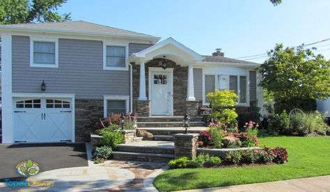 House Front Facade, Stairs Stone, Split Level House Exterior, Split Level Remodel Exterior, Front Porch Stone, Raised Ranch, Exterior House Remodel, Front Facade, Exterior Stairs