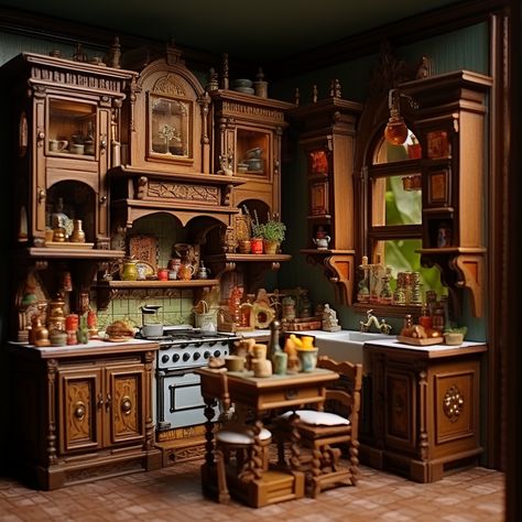 Miniature Dollhouse Kitchen, Victorian, Wood Theme, 3-d model, Plasticine Old Victorian Kitchen, Bedroom Diorama, Victorian Dollhouse Furniture, Miniature Dollhouse Kitchen, Kitchen Victorian, Dollhouse Art, Gothic Dollhouse, Miniature Ideas, Victorian Kitchen