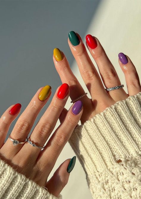 3. Fall Skittle Nail Colours As much as we love summer and have to say goodbye and autumn is waving to say hello to... 3 Colored Nails, Red Multi Colored Nails, Two Different Colored Nails, Tonal Nails, Primary Color Nails, Jewel Tone Nails, Multi Colored Nails, Nails And Rings, Colorful Manicure