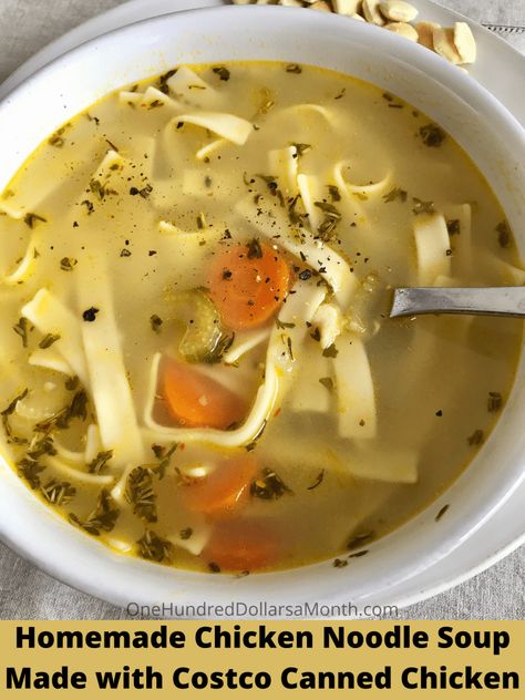 Homemade Chicken Noodle Soup Made with Costco Canned Chicken - One Hundred Dollars a Month Copycat Costco Chicken Noodle Soup, Chicken Noodle Soup Canned Chicken, Costco Canned Chicken, Canned Chicken Recipes, Chicken Noodle Soup Can, Costco Rotisserie Chicken, Costco Chicken, Chicken Noodle Soup Crock Pot, Soup Homemade