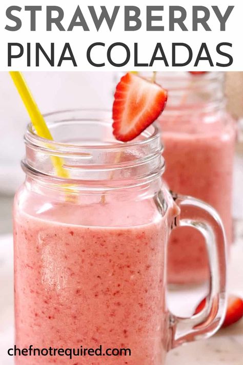 This strawberry pina colada recipe is the perfect summertime smoothie with alcohol! Easy to make with frozen pineapple and strawberries along with malibu rum this summer cocktail will be your new favourite this year! #chefnotrequired #pinacolada Strawberry Pina Colada Recipe, Using Frozen Fruit, Strawberry Pina Colada, Frozen Peach Bellini, Strawberry Colada, Mint Cocktails, Pina Colada Recipe, Malibu Coconut, Pina Coladas