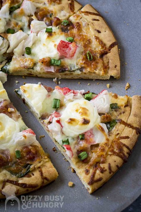 crab pizza title pin Crab Pizza Recipe, Crab Pizza, Pizza With Bacon, Savory Bacon, Seafood Pizza, Spinach Pizza, Creamy Crab, Flat Breads, Classic Pizza