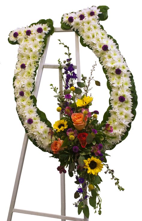 Horseshoe easel design for a local equestrian. Horseshoe Wreath, Flower Urn, Cemetery Flowers, Church Flowers, Luxury Flowers, Floral Letters, Fresh Flowers Arrangements, All Flowers, Flower Delivery