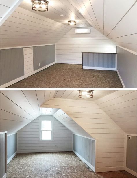 Transforming an Attic Space with Shiplap & Beadboard - WindsorONE Shiplap Attic, Cool Attic Rooms, Slanted Ceiling Bedroom, Small Attic Room, Attic Room Ideas, Relaxing Room, Inspirational Pics, Attic Makeover, Slanted Walls