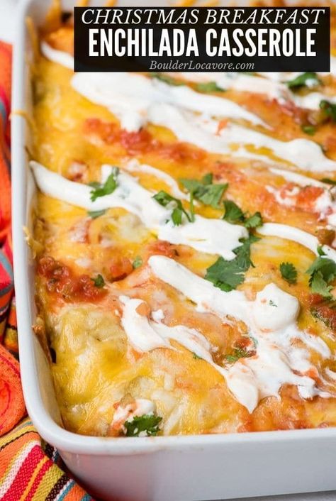 Cheesy Christmas Breakfast Enchilada Casserole is an easy breakfast casserole layered with breakfast and Mexican ingredients. You'll want to eat it for EVERY meal! Southern Living Breakfast Enchiladas, Gluten Free Breakfast Enchiladas, Tamale Breakfast Casserole, Mexican Breakfast Casserole Recipes, Corn Tortilla Breakfast, Tortilla Breakfast Casserole, Mexican Egg Bake, Enchiladas Breakfast, Breakfast Enchilada Casserole