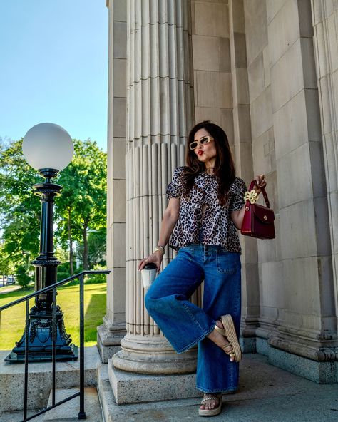 Summer uniform 🍎🐆 What’s yours? ✨ #summeroutfitideas #summerstyleinspo #leopardprinttop #redbag #goldshoes #widelegjeans #summeraccessories #bostonfashion #bostonblogger Boston Fashion, Summer Uniform, Leopard Print Top, Gold Shoes, Instagram Summer, Summer Accessories, Summer Outfit, Wide Leg Jeans, Outfit Ideas