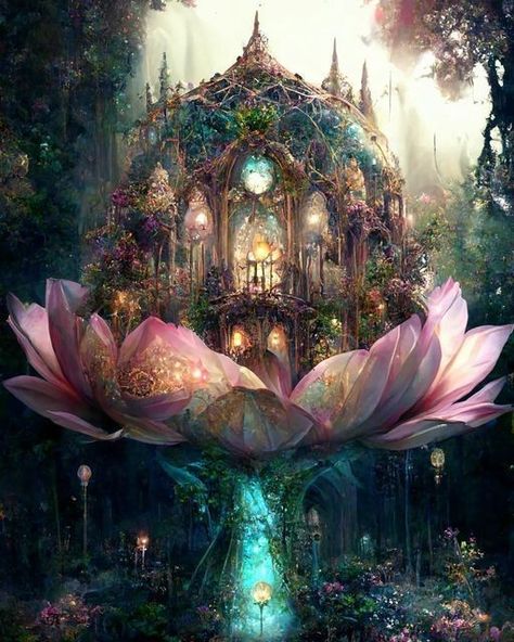 Fairy Landscape, Fairytale Creatures, Lotus Temple, Lawn Irrigation, Rock Flowers, Lotus Art, Lawn Edging, Soyut Sanat Tabloları, Fantasy House