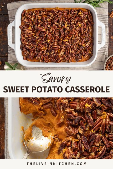 Savory Sweet Potato Casserole, Savory Sweet Potato, Whipped Sweet Potatoes, Vegetarian Stuffing, Thanksgiving Spread, Sweet Potato Recipes Healthy, Holiday Recipes Thanksgiving, Sweet Potato Skins, Toasted Pecans