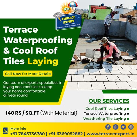 Looking for reliable roof tile installation and terrace waterproofing in Chennai? Look no further! Terrace Expert in Chennai is your go-to solution. Our team of experts specializes in cool roof tiles laying and waterproofing services. Experience quality workmanship and guaranteed results. Visit us today for a consultation! ✅ Call Us: +91 7845736780 | +91 6369052882 #terraceexpert #coolingtilelaying #rooftileslaying #terracetilelaying #weatheirngtile #tilelaying Waterproofing Rooftop, Terrace Tiles, Cool Roof, Roof Tiles, Chennai, Tile Installation, Terrace, Roof