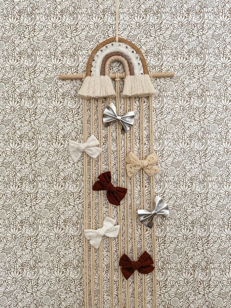 Step up your bow storage game with this rainbow baby bow holder ◦ This macrame wall hanging was made to organize your baby girl's hair bows, hair clips, hair ribbons, headbands & keep your baby boy's bow ties in check ◦ vs. becoming a wadded up mess in a drawer   PLANET-FRIENDLY PACKAGING Sustainably shipped in compostable mailers & snugly protected in eco-friendly, green bubble wrap ◦ 0% plastic, 100% natural ◦ There's no planet B...the small steps add up SPEEDY DELIVERY WITH A PERSONAL TOUCH Y Hair Clip Organizer, Baby Boy Bow Tie, Bow Storage, Rainbow Bow, Macrame Rainbow, Green Bubble, Rainbow Nursery