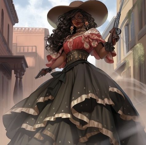 Western Oc Female, Female Outlaw Aesthetic, Black Cowgirl Art, Cowgirl Concept Art, Western Dnd Character, Wild West Female, Cowgirl Oc Art, Mexican Oc, Cowgirl Character Design