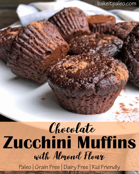 Chocolate Zucchini Muffins with Almond Flour | Moist Paleo muffins with zucchini and almond flour. Kid friendly, gluten free, grain free and dairy free. #zucchini #chocolatemuffins Muffins With Zucchini, Healthy Chocolate Zucchini Muffins, Paleo Chocolate Recipes, Muffins With Almond Flour, Chocolate Chip Zucchini Muffins, Almond Flour Biscuits, Zucchini Chocolate Chip Muffins, Almond Flour Muffins, Paleo Muffins