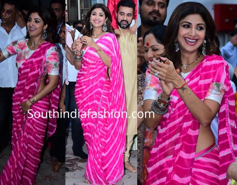 Shilpa Shetty in a leheriya saree at Ganesh Visarjan Lahariya Saree Blouse Designs, Leheriya Saree Blouse Designs, Bandhini Saree Blouse Designs, Bandhini Saree Blouse Patterns, Laheriya Design Saree, Bandini Saree Blouse Designs, Leheriya Dress, Lehariya Saree, Shilpa Shetty Saree