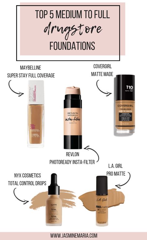 Top 5 Medium to Full Coverage Drugstore Foundations #drugstorefoundations #topdrugstorefoundations #fullcoveragefoundation #mediumcoveragefoundation #drugstorebeauty Full Coverage Drugstore Foundation, Brown Matte Lipstick, Best Drugstore Foundation, Foundation For Dry Skin, Medium Coverage Foundation, Drugstore Foundation, Best Drugstore Makeup, Full Coverage Foundation, High End Makeup