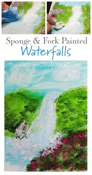 Sponge and fork painted waterfalls. This beautiful paint project is great for kids and adults. Arts and crafts Painting Crafts For Adults, Summer Arts And Crafts, Arts And Crafts Interiors, Arts And Crafts For Adults, Arts And Crafts For Teens, Art Projects For Teens, Art Projects For Adults, Waterfall Art, Waterfall Landscape