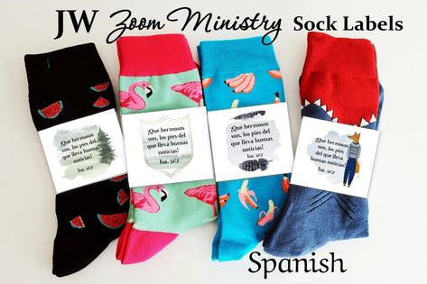 A fun gift idea for pioneers - or any brothers or sisters using Zoom for their ministry.  Just print, cut out, wrap around a pair of cute socks and glue, tape or staple label together on the back. The designs include Isaiah 52:7 on the front and choice on back of: Zoom Ministry or Virtual Pioneer School 2022. Please note: These are digital files. You will not receive any actual products. They are sized for US letter size paper and also A4 paper.  * 4 different brothers' designs in PDF format  * Pioneer School Gifts Jw, Pioneer School Gifts, Jw Ministry, Jw Pioneer Gifts, Church Gifts, Jw Pioneer, Pioneer School, Pioneer Gifts, Glue Tape