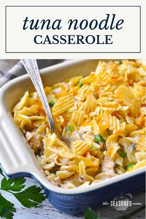 A classic tuna noodle casserole recipe is an old-fashioned, easy dinner that has been loved for generations! Best of all, the family-friendly dish comes together in about 20 minutes. You can't beat the cheesy combination of tender noodles, canned tuna fish, and sweet peas tossed in a creamy sauce with crushed potato chips on top. Serve it with a side salad or green beans, biscuits, cornbread, or fluffy dinner rolls. Tuna Quesadilla, Tuna And Noodles, Classic Tuna Noodle Casserole, Chili Colorado, Apartment Recipes, Tuna Noodle Casserole Recipe, Cincinnati Chili, Noodle Casserole Recipes, Fluffy Dinner Rolls