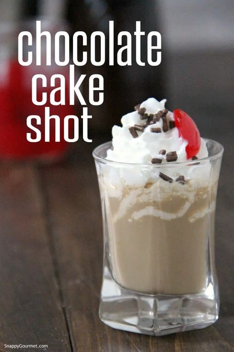 Chocolate Cake Shot (2 ingredients + toppings!) - Snappy Gourmet Chocolate Cake Shots, 2023 Cocktails, Chocolate Cake Shot, Alcohol Shot, Birthday Cake Shots, Shots Alcohol Recipes, Alcohol Shots, Cake Shot, Drink Night