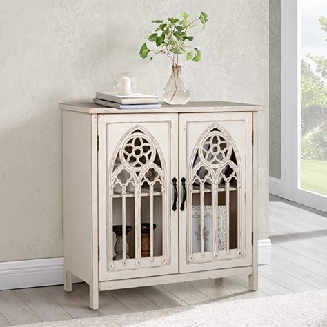 Distressed Storage Cabinet, Retro Cabinet, Church Window, Accent Storage Cabinet, Cabinet Display, Bedroom White, Accent Storage, Front Doors With Windows, Church Windows