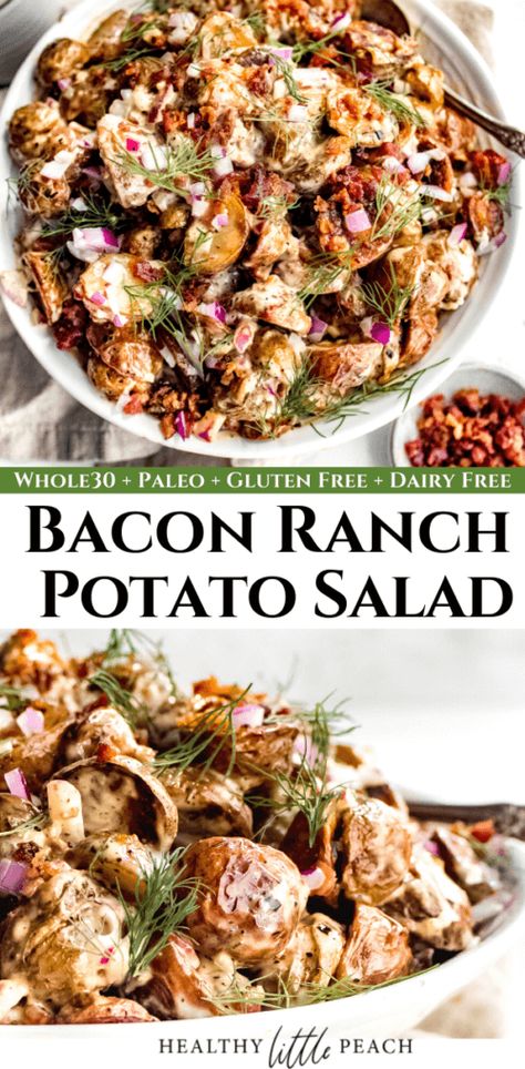 This Bacon Ranch Potato Salad is the perfect creamy and savory side dish. This recipe includes roasted potatoes, homemade ranch dressing, chopped bacon and red onion and topped with fresh dill. A great addition to steaks, chicken or BBQ. Whole30, Paleo and GF. Bacon Ranch Potato Salad, Paleo Bbq, Ranch Potato Salad, Bacon Ranch Potatoes, Paleo Side Dishes, Easy Whole 30 Recipes, Paleo Sides, Bbq Side Dishes, Bacon Potato Salad