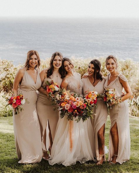 Nude dresses, with vibrant flowers are EVERYTHING!!! 😍😍😍 great choices @jye_wired. Roses, dahlias and zinnias @gracerosefarm . Incredible… Champagne Bridesmaid Dresses With Flowers, Neutral Bridesmaid Dresses Bright Flowers, Champagne Bridesmaid Dresses With Colorful Bouquets, Tan Bridesmaid Dresses Colorful Flowers, Champagne Wildflower Wedding, Champagne Bridesmaid Dresses Bright Flowers, Champagne Bridesmaid Dresses With Colorful Flowers, Bridesmaids Colorful, Lana Wedding